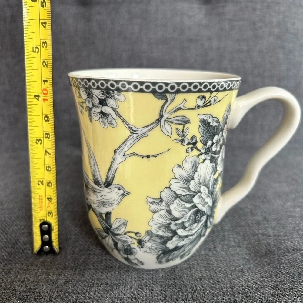 222 FIFTH “Adelaide” Floral and Birds Coffee Mug, Yellow, Gray, 12 oz